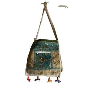 Dolls of India Jute Bag - green/teal/multi color - beads and sequence handbag